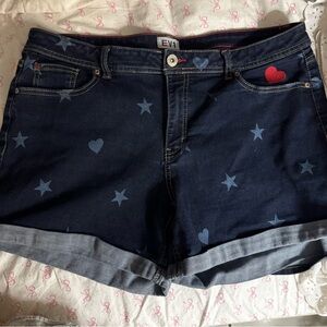 Navy Star & Heart Patterned Denim Shorts